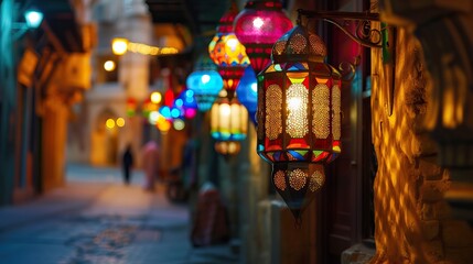 Obraz premium The bustling street comes alive at night as colorful lights illuminate the scene, creating a symphony of vibrant hues.