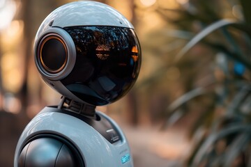 A detailed view of a robot positioned near a tree, showcasing the combination of technology and nature.