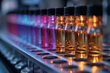 A row of bottles filled with different colored liquids, showcasing a variety of vibrant and distinct shades.
