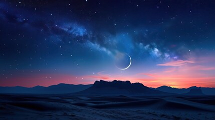 A captivating scene captured in a single frame, showcasing a luminous crescent moon gracefully adorned by shimmering stars against the dark backdrop of the night sky. - obrazy, fototapety, plakaty
