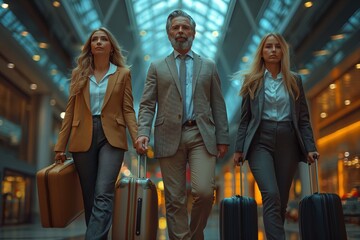 Naklejka premium A man and two women, all carrying luggage, walk through an airport.