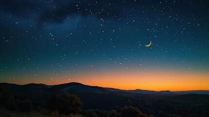 In this stunning image, the night sky comes alive with twinkling stars as a delicate crescent moon adds grace and enchantment.