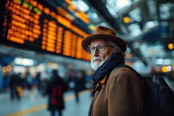 A stylish elderly man wearing a hat and glasses stands in a bustling train station.