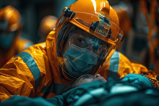 A paramedic practicing CPR while wearing a yellow safety suit and goggles.