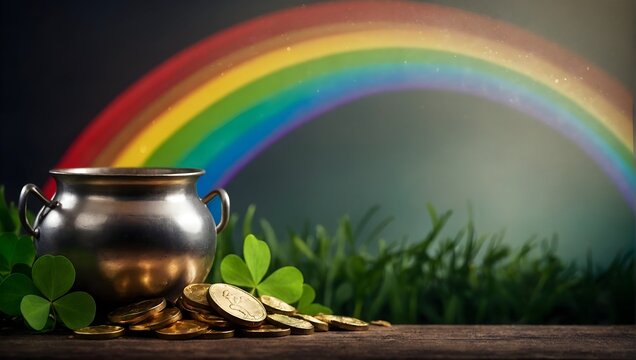 St Patrick day. Green pot full of gold coins with shamrock and rainbow.