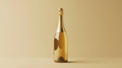 Golden glass champagne bottle with a minimal background, products, brand designs