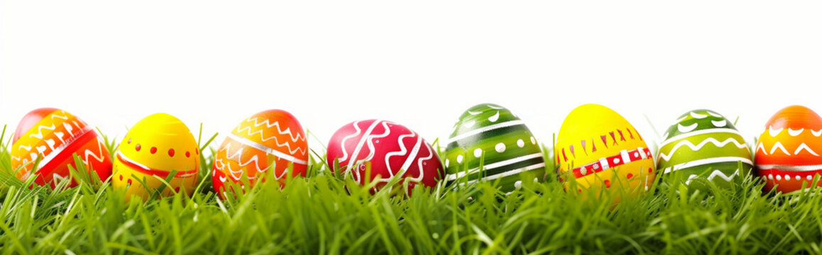 colorful Easter eggs lying in lush grass. Banner white background. pastel Easter eggs in grass with room for text. Row of Easter Eggs on Fresh Green Grass. Easter holidays