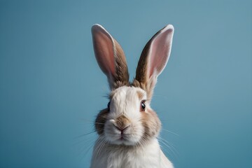 Obraz premium Easter bunny rabbit on blue background. Easter day, Easter holiday concept.