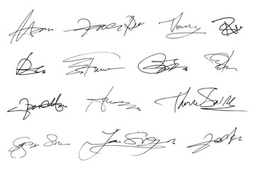 Signatures set. Fictitious handwritten signatures for signing documents on white background - obrazy, fototapety, plakaty