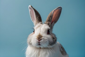 Easter bunny rabbit on blue background. Easter day, Easter holiday concept.