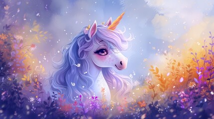 Obraz na płótnie Canvas Cartoon magic style, cute pastel watercolor illustration of unicorn background. Cute horse