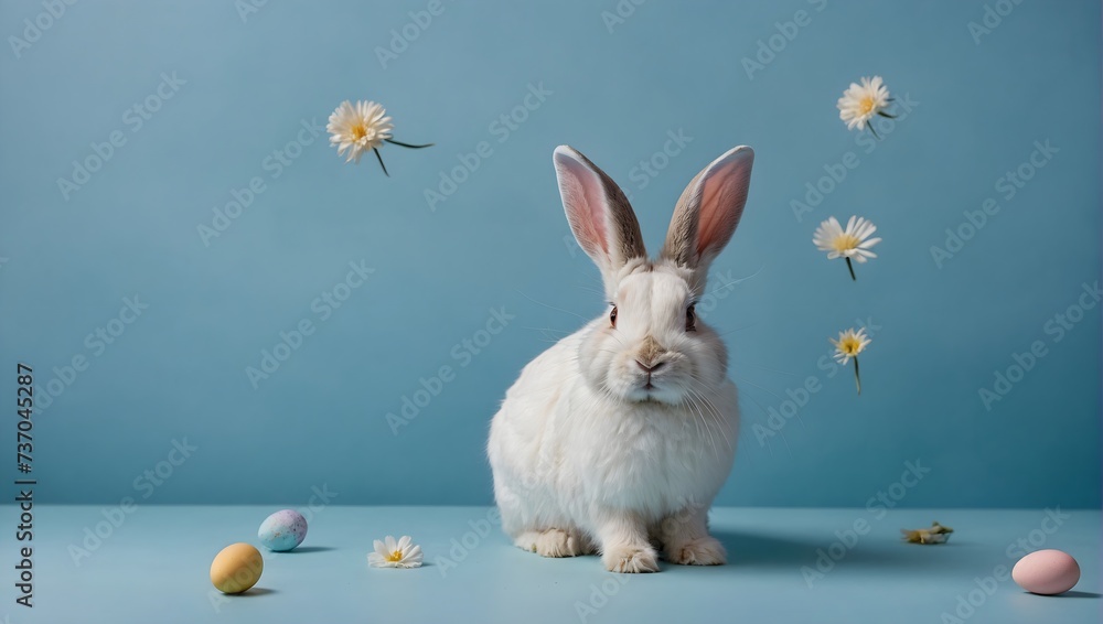 Canvas Prints White Easter bunny rabbit on blue background. Easter day, Easter holiday concept.