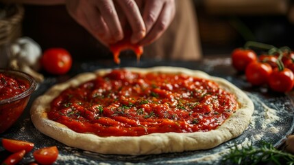 Dynamic and engaging scene of a skilled chef spreading rich tomato sauce on dough, meticulously preparing the foundation for a delectable pizza