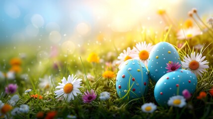 Easter Background with easter eggs and spring flowers on grass - obrazy, fototapety, plakaty