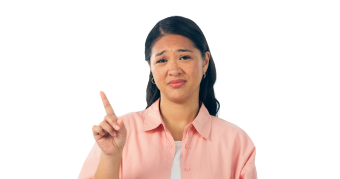 Portrait, hand pointing or model with no finger for warning information, wrong or opinion of decision. Japanese .woman, face and protest emoji for mistake and isolated on a transparent png background