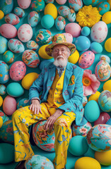 Fototapeta na wymiar Fashion style grandfather sitting in a room full of colorful easter eggs.