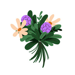 Flower bunch. Blossomed floral bouquet. Spring blooms, summer leaf branches, buds in modern style. Fresh garden gift with, gorgeous wildflowers. Flat vector illustration isolated on white background - 737045473