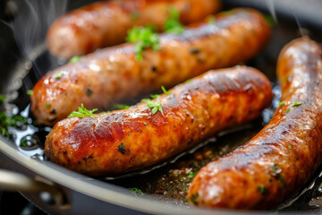 Fried sausage in a frying pan with herbs and spices parsley and rosemary on gray concrete surface background, top view. Grilled sausage in a frying pan on the table.