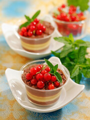 Chocolate mousse with apple and red currants.