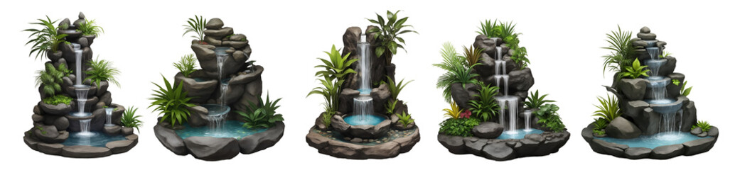 Set of various decorative stone waterfall with plants growing around isolated on transparent background. Generative AI