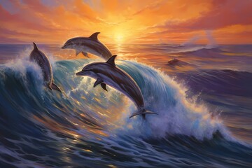 A group of playful dolphins riding the waves, their acrobatic leaps and flips showcasing their...