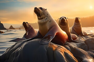 A group of playful sea lions basking in the sun on a rocky shoreline, their sleek bodies shining in...