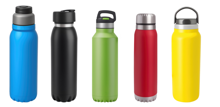 Set of various modern vacuum insulated thermos water bottles isolated on transparent background. Generative AI