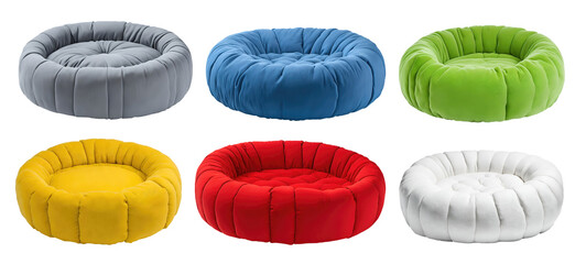 Set of various modern warm round plush pet beds in different colours isolated on transparent background. Generative AI