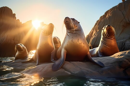 A group of playful sea lions basking in the sun on a rocky shoreline, their sleek bodies shining in the golden light.