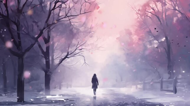 Winter forest in the morning with a woman. Seamless looping time-lapse  video animation background