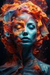 Abstract woman portrait art, double exposure, surreal, vintage, nebula colors, awaiting death, geometric abstract, depression. Wall art poster.