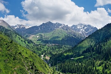 Fototapeta na wymiar Beautiful spring landscape in the mountains of Almaty on cloudy sky