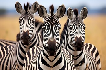 A group of zebras grazing peacefully on the grasslands, their unique black and white stripes creating a mesmerizing pattern.