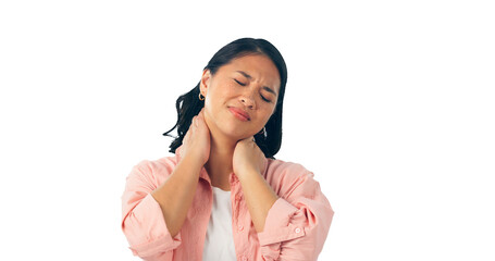 Woman, neck pain and stress problem or injury as strain muscle or fibromyalgia, osteoporosis or...