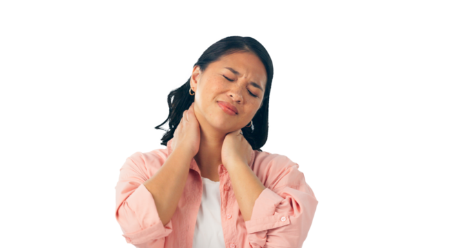 Woman, neck pain and stress problem or injury as strain muscle or fibromyalgia, osteoporosis or unhappy. Asian person, hand and inflammation or isolated transparent png background, healthcare or hurt - Powered by Adobe