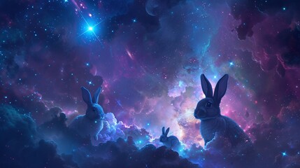 Detailed cosmic scene where celestial rabbits frolic among stellar bodies in a galaxy far away - obrazy, fototapety, plakaty