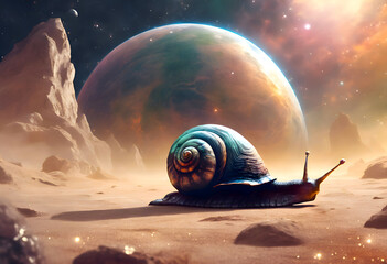 A large snail with a reptile pattern in space on an alien planet
