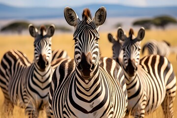 A group of zebras grazing peacefully on the grasslands, their unique black and white stripes...