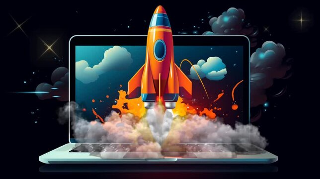 Rocket launching from laptop. Seamless looping time-lapse  video animation background