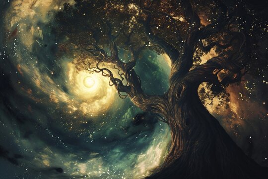 mysterious intertwining of a mighty tree rooted in a swirling galaxy perfect for an otherworldly illustration