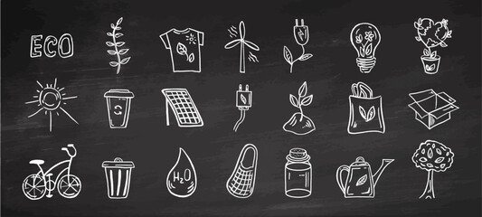 Set of ecology. Hand-drawn doodle vector illustration on chalkboard background. Ecology problem, recycling and green energy icons. Environmental symbols.