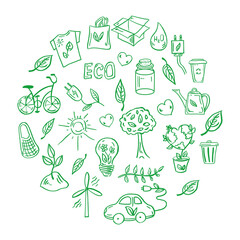 Set of ecology. Elements in circle. Hand-drawn doodle vector illustration. Ecology problem, recycling and green energy icons. Environmental symbols.