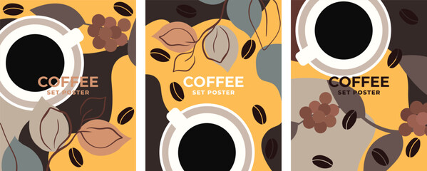 Vector drawing  tree coffee beans stains in coffee tones. Set of coffee design drawings. Banner poster flyer card template coffee theme. Vector file design elements. - obrazy, fototapety, plakaty