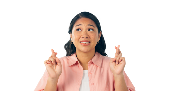 Hope, excited and woman with fingers crossed, winning and faith with wish for giveaway. Person, girl and model with hand gesture, emoji and optimism isolated on a transparent, png background