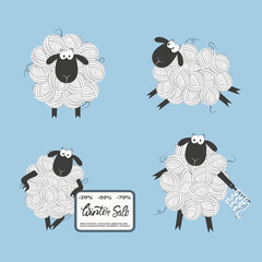 Set of cute cartoon sheep made of yarn balls. Vector illustration - 737049205