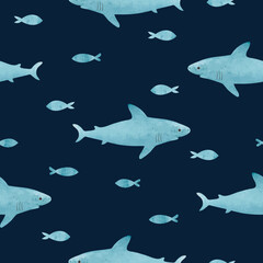 Seamless watercolor sharks and fish pattern. Vector sea background