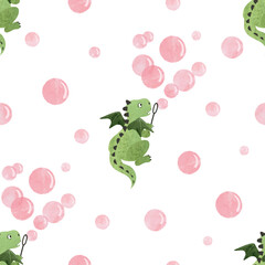 Seamless pattern with cartoon dragon blowing soap bubbles. Vector watercolor print