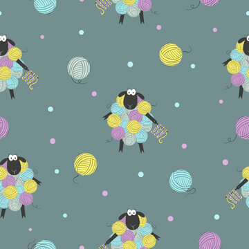 Seamless colorful pattern with funny sheep made of yarn balls