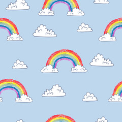 Rainbows and clouds seamless pattern. Colorful cartoon vector sky background - 737049419
