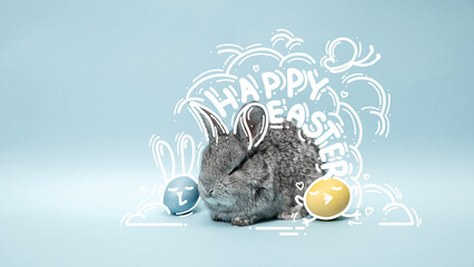 Creative banner related to Easter holiday with bunny and colored eggs against blue background....